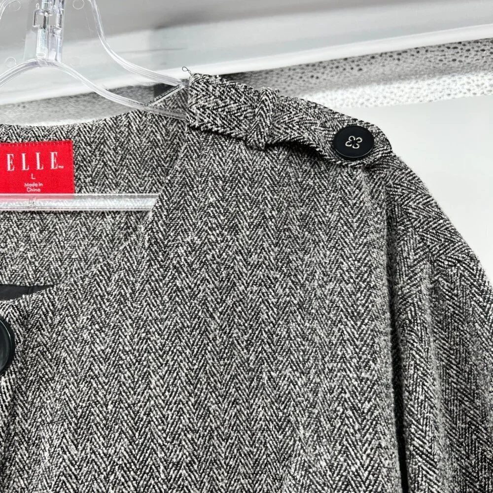 ELLE Womens Cropped Blazer Button Up 3/4 Sleeve Black/Gray Size Large Pockets